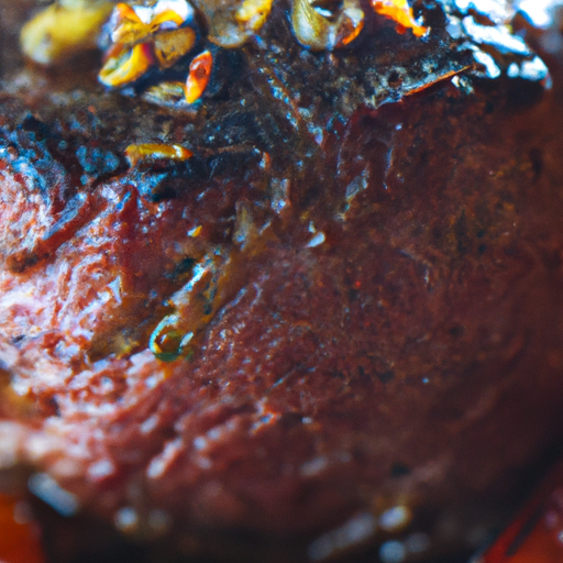 Close-up of the flavorful pepper crust on a perfectly cooked filet mignon