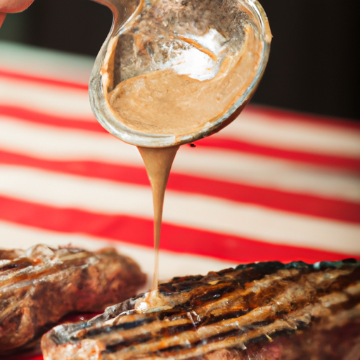 Homemade Bourbon Glaze being brushed on grilled strip steaks