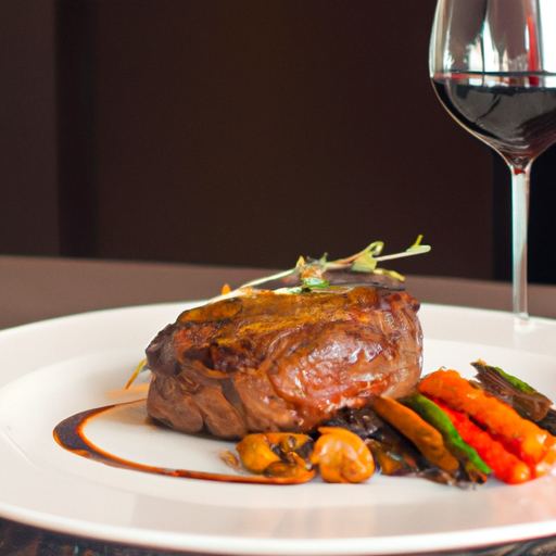 A beautifully plated grilled ribeye steak served with roasted vegetables and a glass of red wine