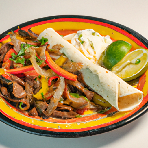 A close-up of a plate of freshly made skirt steak fajitas with all the toppings